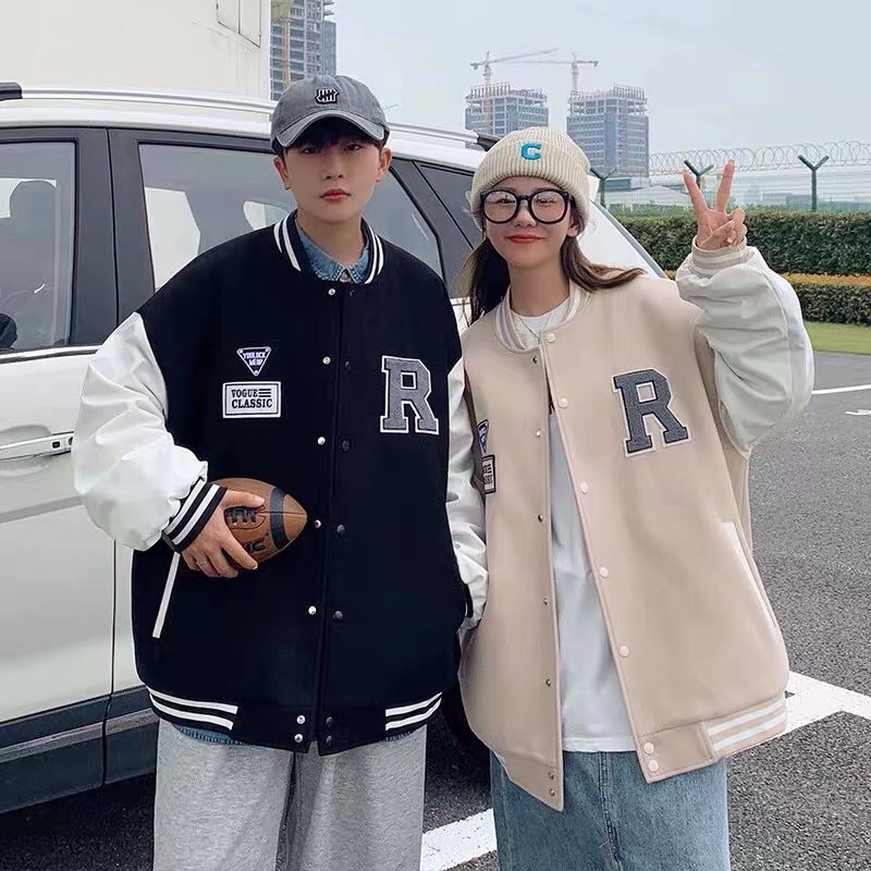 Áo khoác bomber bóng chày kaki da lộn nhung dạ 2 lớp nút bấm thêu R unisex ulzzang nam nữ