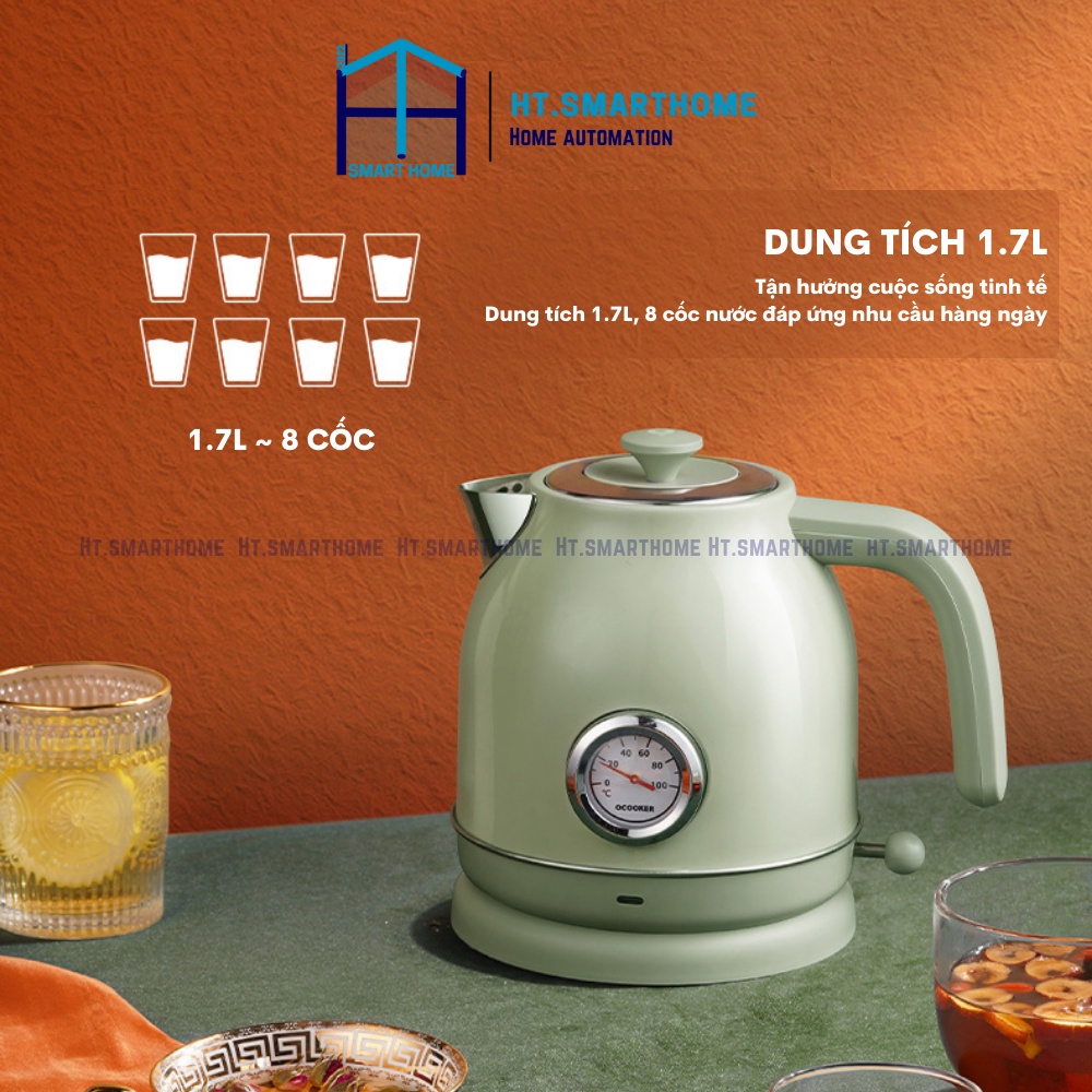 Ấm siêu tốc Ocooker 1.7L phong cách Retro cổ điển - Ấm đung nước 1800w có đồng hồ hiển thị nhiệt độ