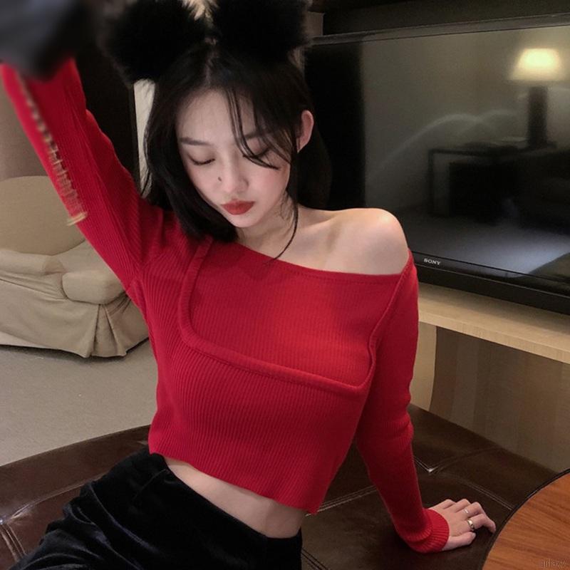 Áo dệt kim dài tay cổ vuông màu trơn phong cách Hàn Quốc