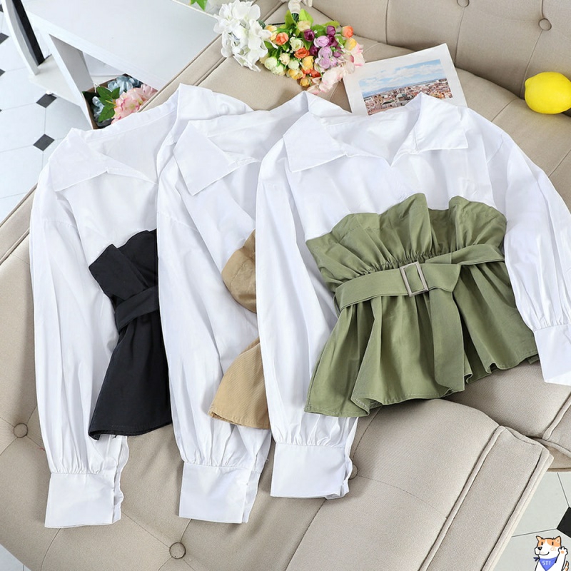 Áo sơ mi tay dài dáng ôm phối thắt lưng thời trang nữ