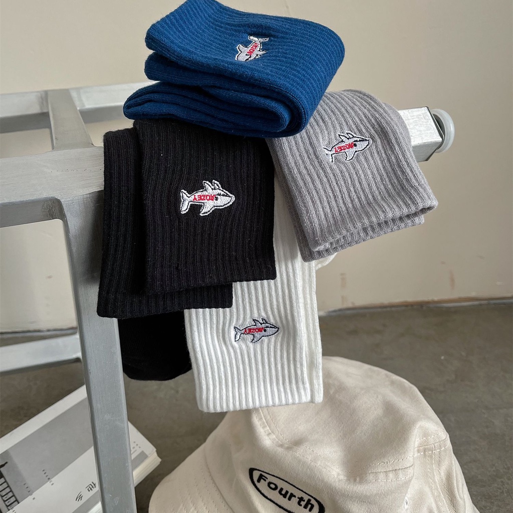 WAFNHA D476 Vớ Thể Thao Màu Trơn Thêu Hình Cá Mập Dành Cho Nam