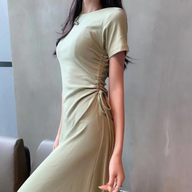AOFEIQIKE Đầm ngắn tay màu trơn cổ tròn chiết eo phong cách hè 2021 cho nữ