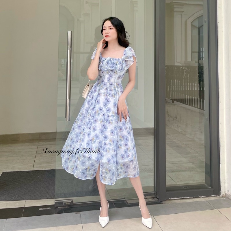Đầm trễ vai dáng xoè chất voan tơ 2 lớp, váy maxi đi biển rớt vai Xưởng may Lê Thanh