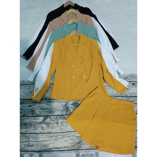 Set bộ quần đùi giả váy áo cổ vest tay dài phồng phối trắng bigsize 50-75kg