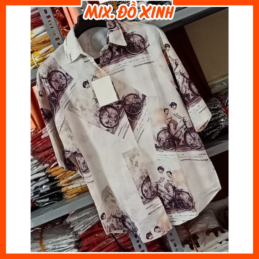 Áo sơ mi nữ form rộng tay lỡ Thu Hà sơ mi kiểu chất liệu đũi trơn mịn mát, họa tiết Anh Em - Xe Đạp
