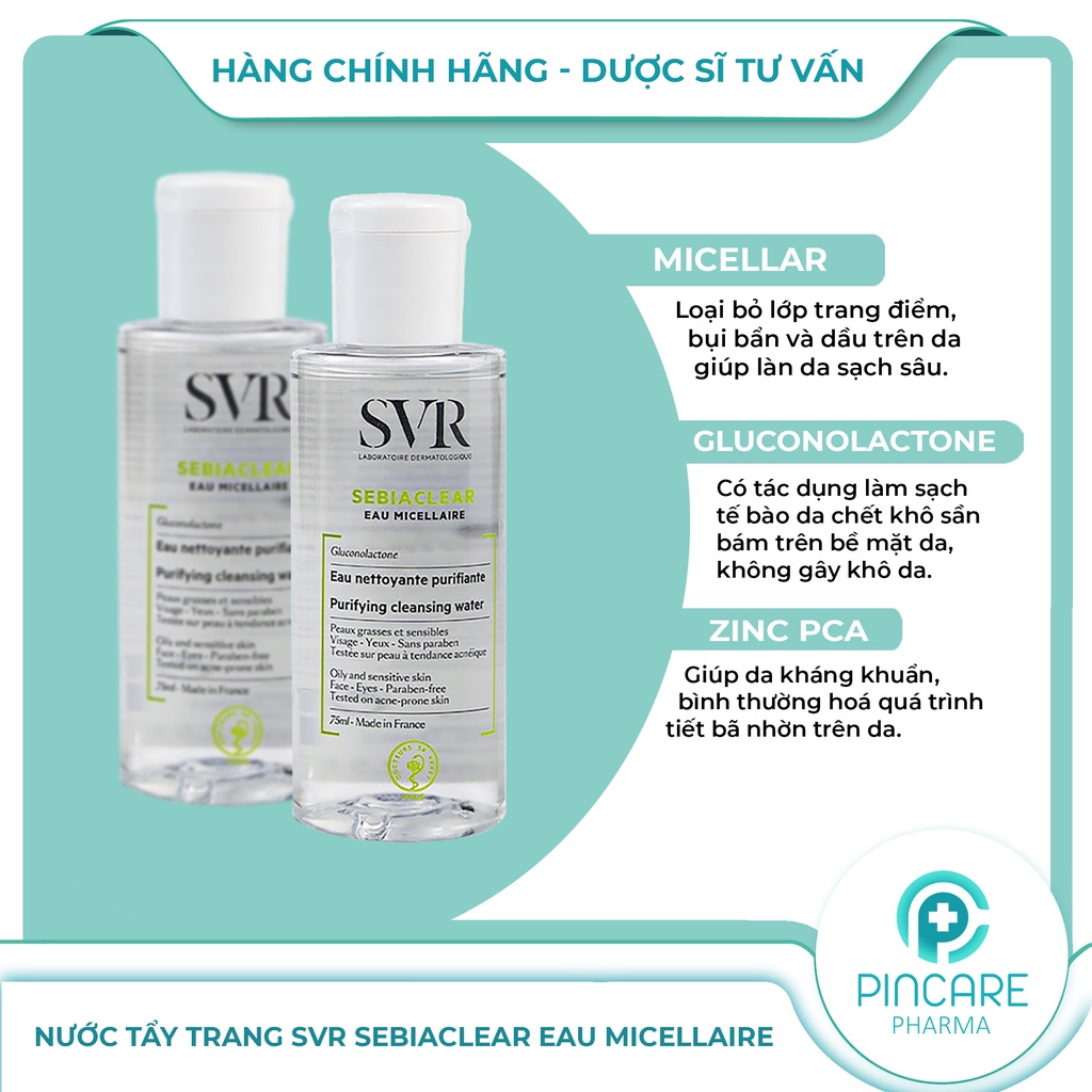 Nước tẩy trang cho da dầu mụn SVR Sebiaclear Eau Micellaire - Hàng chính hãng - Nhà Thuốc PinCare