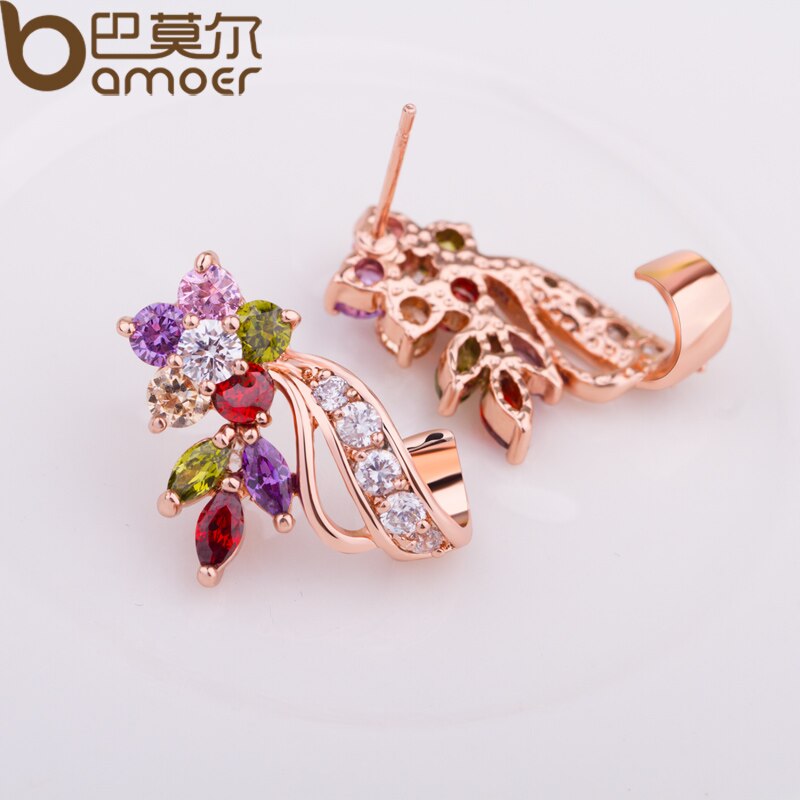 Khuyên tai BAMOER JIE019 màu vàng hình bông hoa đính đá zircon nhiều màu sắc thời trang cho nữ