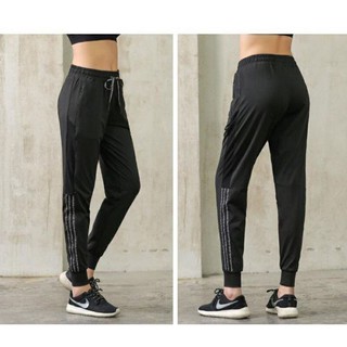 Quần jogger phối lưới sọc trắng tập gym thể thao yoga nữ