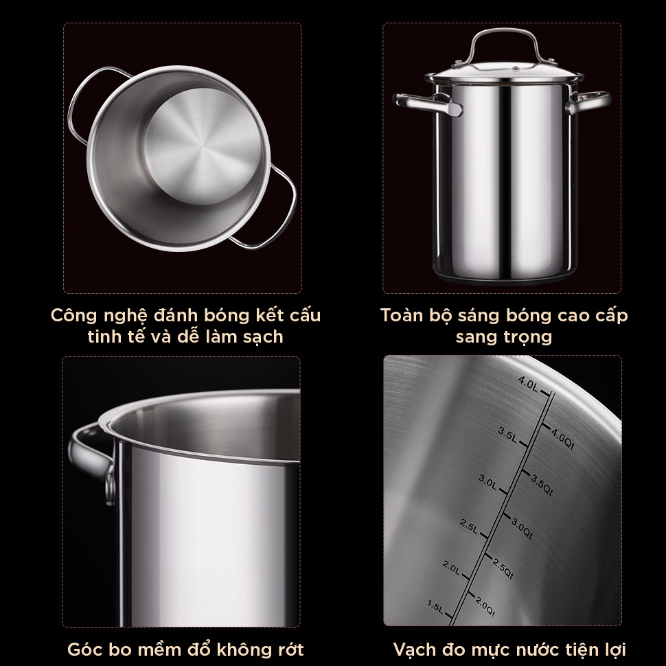 Nồi luộc gà bếp từ 3 đáy inox 304 cao cấp chất lượng đẹp sáng bóng chắc chắn an toàn nắp kính cường lực trong suốt HADU