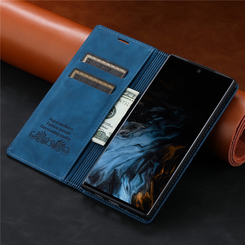 Thời Trang Bao Da Điện Thoại Nắp Lật Kèm Ngăn Đựng Thẻ Màu Nâu Cho Samsung Note 20 Ultra 10 Plus Lite 9 8 Ốp