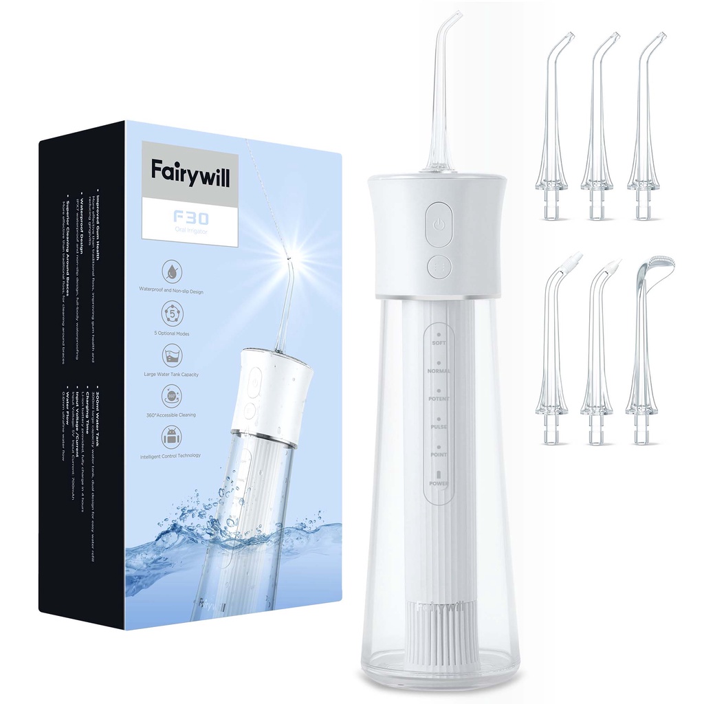 Máy tăm nước FAIRYWILL F30 dòng cầm tay du lịch sử dụng lên tới 70 ngày tặng kèm 6 đầu tăm