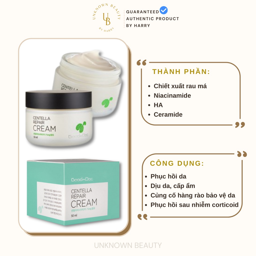 Kem dưỡng ẩm rau má GoodnDoc Centella Repair Cream phục hồi, cấp ẩm, dưỡng trắng, chống lão hoá | Unknown Beauty