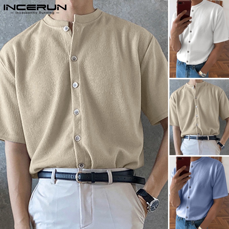 Áo dệt kim INCERUN tay ngắn cổ tròn phong cách Hàn Quốc cá tính thời trang cho nam