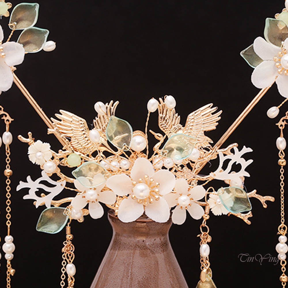 Trâm cài tóc GETNOIVAS hình vương miện phối tua rua phong cách Trung Hoa cổ điển cho cô dâu