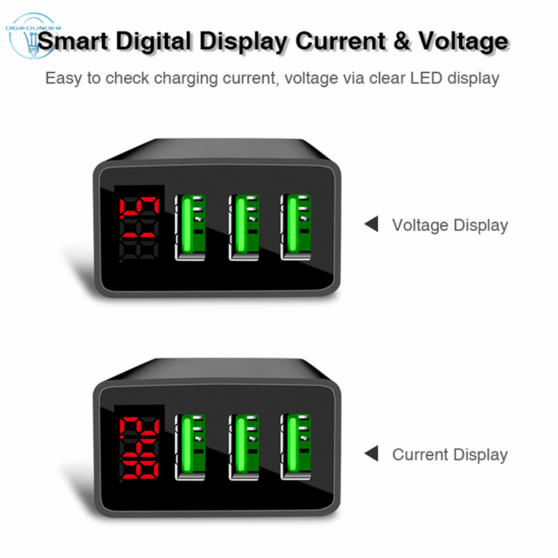 Củ sạc nhanh hỗ trợ QC3.0 gồm 3 cổng cắm sạc USB và màn hình LED hiển thị điện áp DG