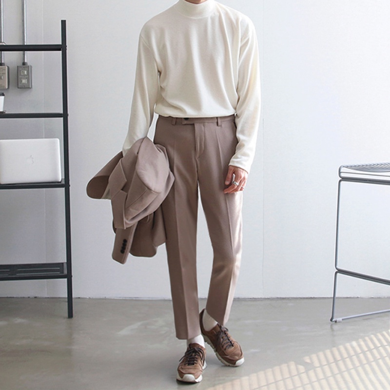 ✦AFFLIGA✦Áo Thun Cotton Tay Dài Cổ Cao Màu Trơn Đơn Giản Thoải Mái Thời Trang Hàn Quốc Cho Nam