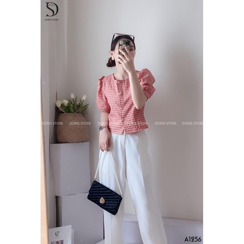 ANU313 ÁO SƠ MI NỮ CROPTOP KẺ CARO ĐỎ CÚC NGỌC ་