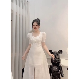 Đầm midi xốp chéo ngực xẻ tà trước