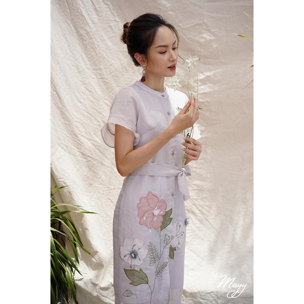 Đầm thiết kế cao cấp MAYY FASHION ghi sáng cổ tàu phối đai eo Lan Tây