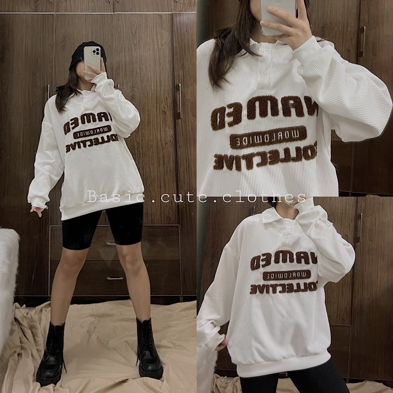 Áo polo dài tay thun gân chữ nổi dày dặn dáng sporty form rộng ulzzang có ảnh thật SẴN