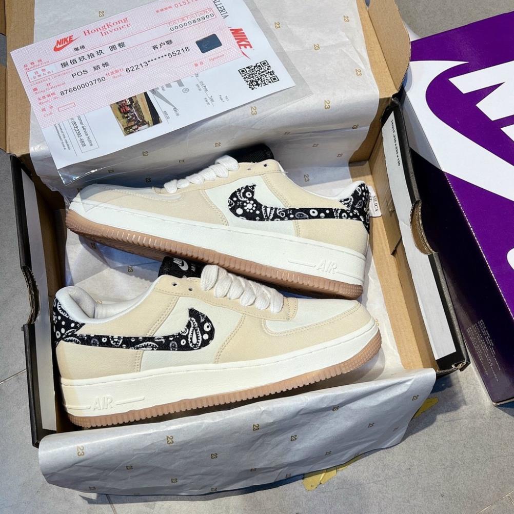 Giày Sneaker Af1 Paisley Bản Chuẩn Mới Nhất, AF1 NÂU KEM VỆT ĐEN HOA BẢN CAO CẤP -Ảnh Thật