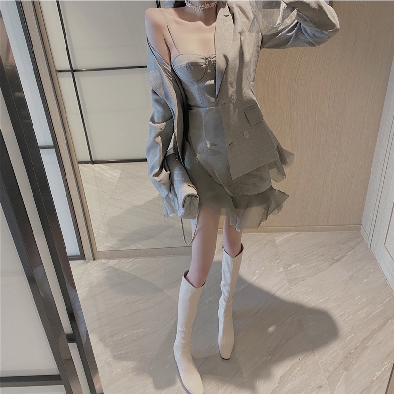 Set Áo Khoác + Đầm Hai Dây Phối Lưới Phong Cách Retro Thời Trang Dành Cho Nữ