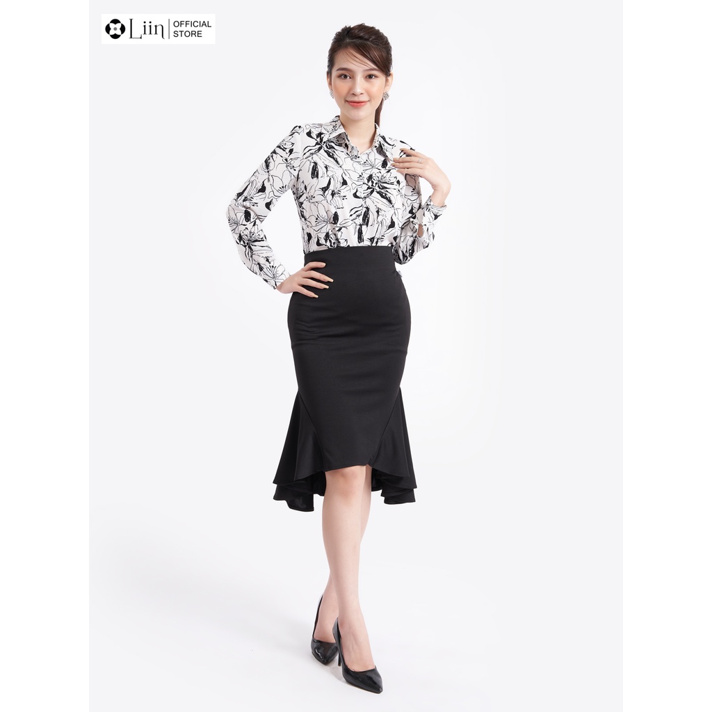 Áo sơ mi nữ dài tay màu trắng hoa đen phong cách trẻ trung, hiện đại Liin Clothing SM4035-1221