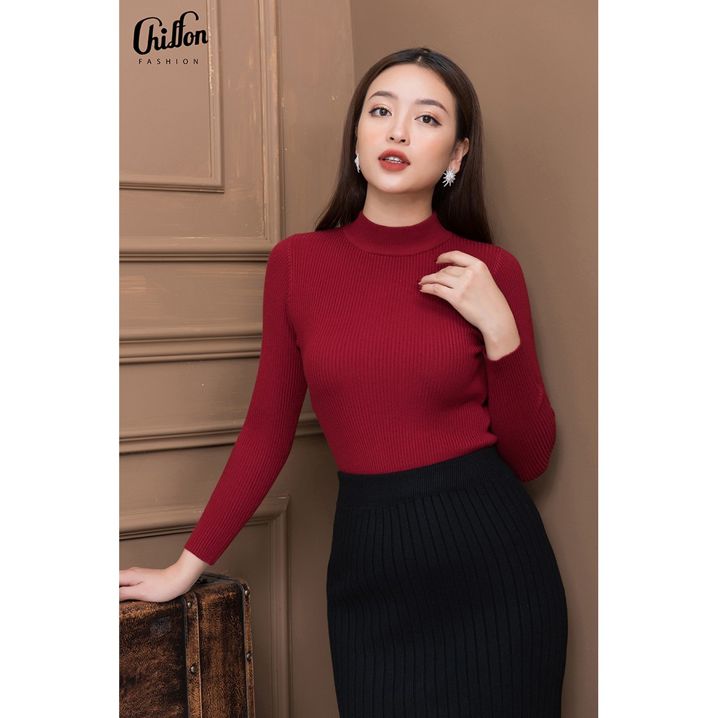 Áo len tăm dài tay cổ ba phân Chiffon