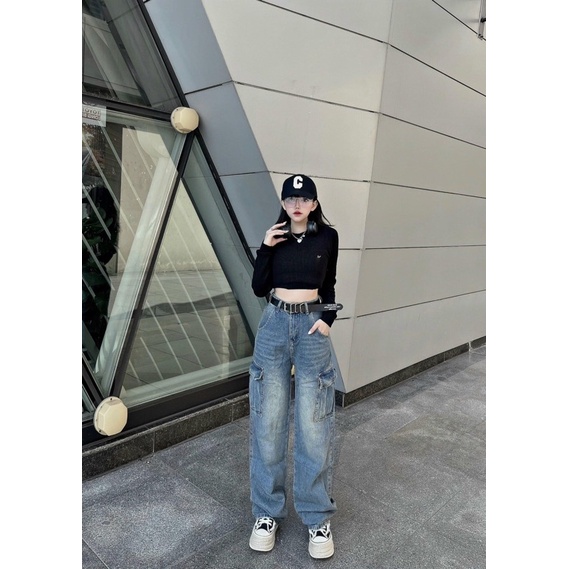 Quần jeans túi hộp ống rộng