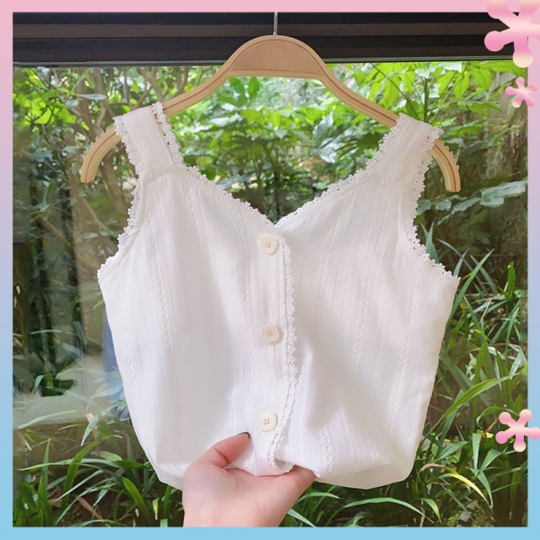 Áo Hai Dây Vải Cotton Phối Ren Mỏng Kiểu Phương Tây Thời Trang Mùa Hè Cho Bé Gái