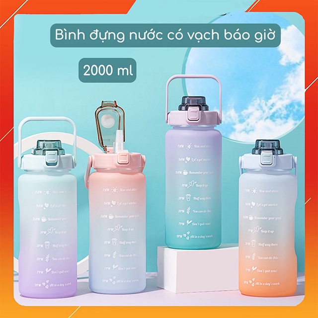 Bình Để Nước 2 Lít Dành Cho Người Lười Có Ống Hút, Vạch Chia Nhắc Giờ