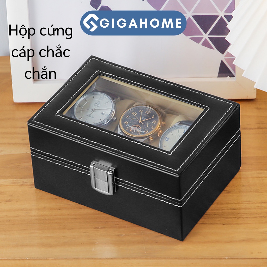 Hộp Đựng, Trưng Bày Đồng Hồ GIGAHOME 3 Ngăn, Bọc Da Pu Có Kính Trong Suốt, Khóa Chốt 1005