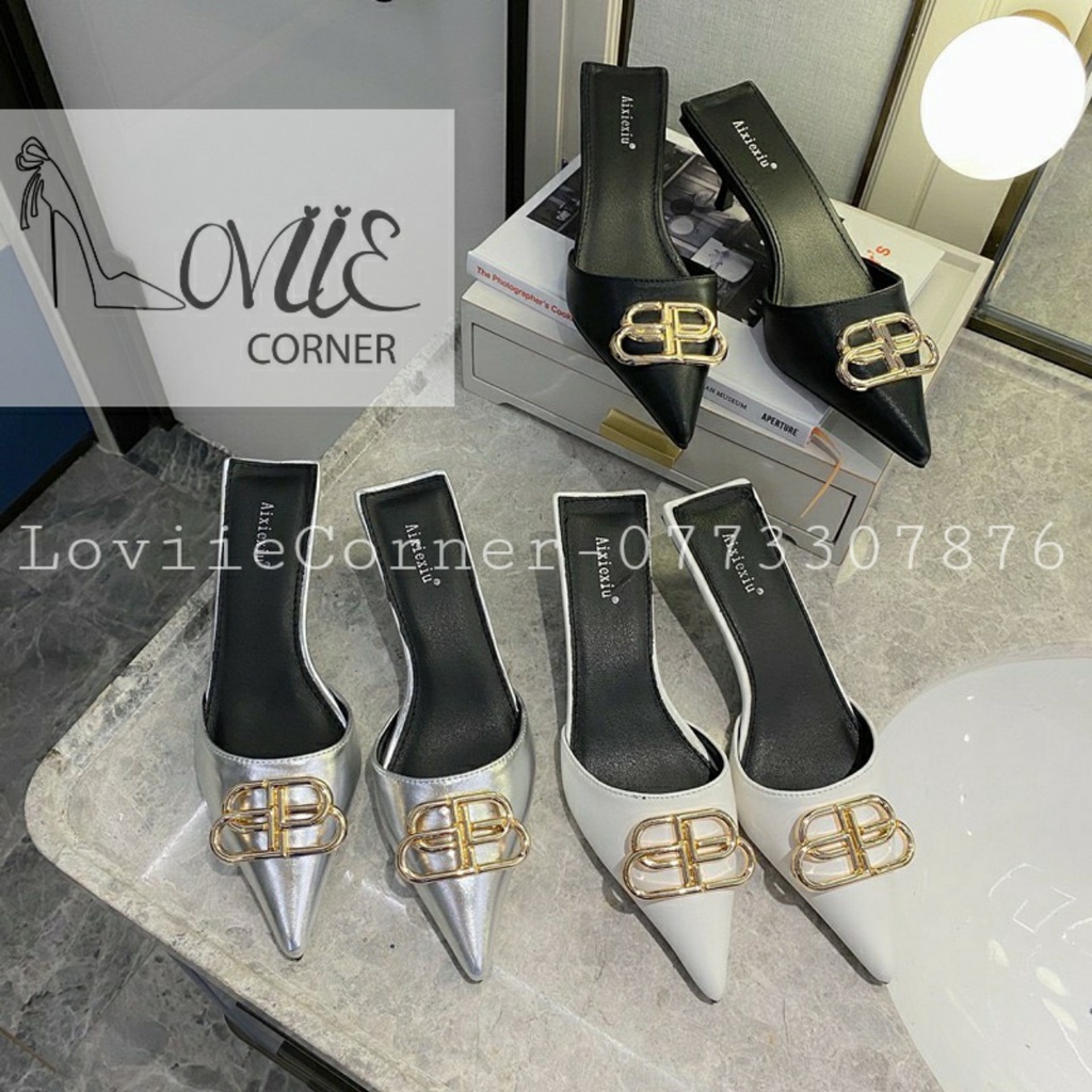 LOVIIECORNER - SỤC GÓT NHỌN KHÓA BB THỜI TRANG - CAO GÓT NHỌN 3CM ĐEN -TRẮNG- MULES SỤC HÀNG QUẢNG CHÂU CAO CẤP D191264