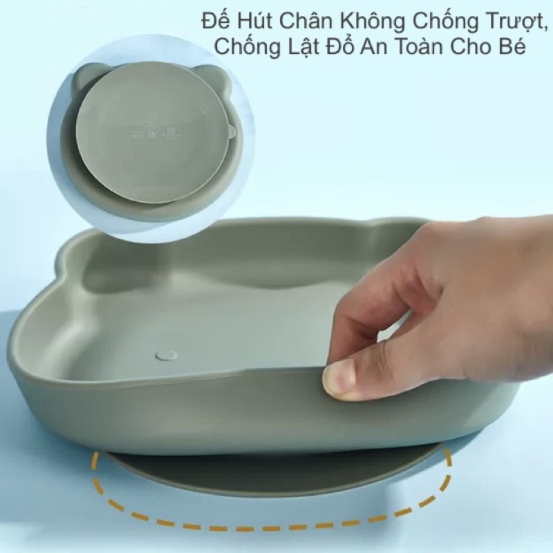 Khay ăn dặm silicon hình gấu có đế hút chân không chống đổ an toàn cho bé KHAY3