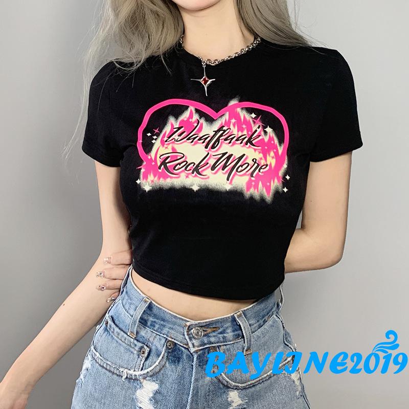 Áo Croptop Ngắn Tay Cổ Tròn In Họa Tiết Trái Tim Màu Tương Phản Thời Trang Mùa Hè Cho Nữ