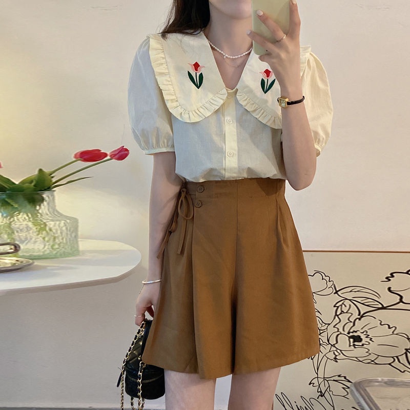 Set Áo Sơ Mi Tay Ngắn Cổ Đứng + Quần Short Ống Rộng Thời Trang Pháp Cho Nữ