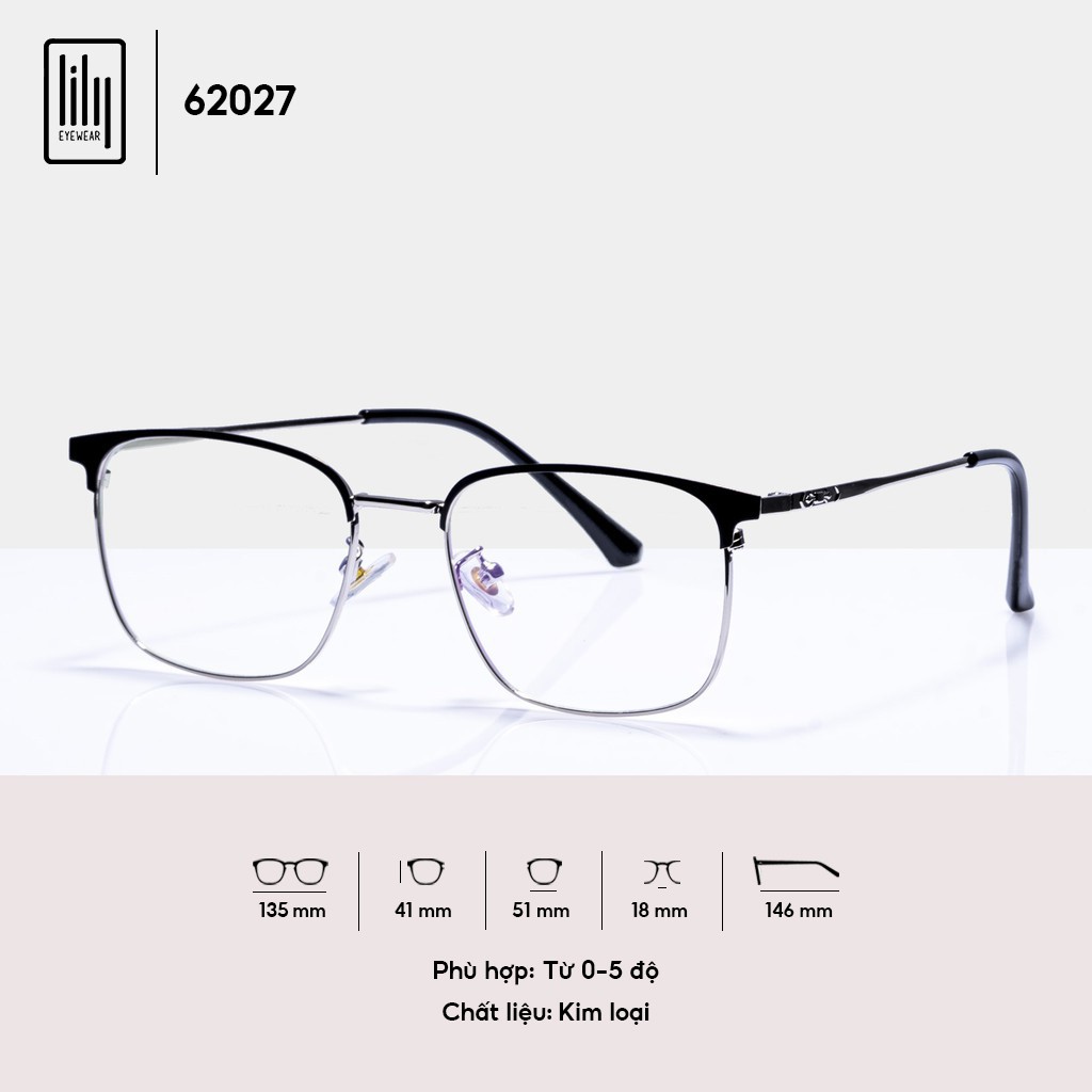 Gọng kính cận nam nữ Lilyeyewear mắt vuông bo tròn chất liệu kim loại dễ đeo 62027