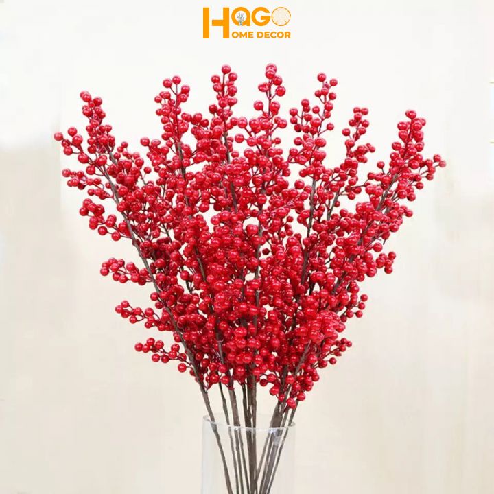 Quả giả, cành quả đào đông,cherry đỏ dài 100cm may mắn, tài lộc trang trí nhà cửa