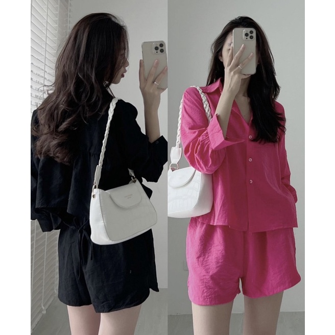 [HÀNG SẴN]SET ÁO THÔ ĐŨI CROPTOP DÂY LƯNG MIX QUẦN SOOC ỐNG RỘNG 214 SIÊU XINH