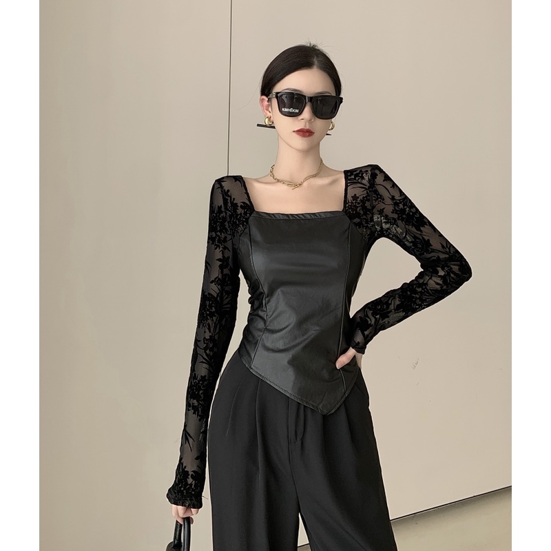 Áo kiểu tay dài cổ vuông phối ren thời trang mùa thu dễ phối đồ