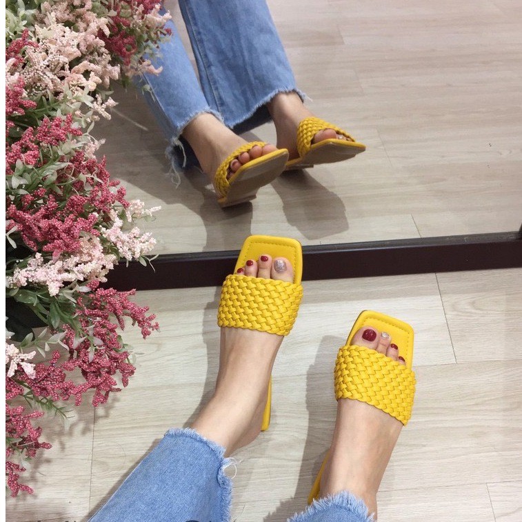 [TRẦN CHỈ ĐẸP] Dép lê nữ quai ngang đan bện CRAFT mũi vuông đế bệt đi biển mùa hè màu đen/xanh/vàng đẹp hot trend 2020 | BigBuy360 - bigbuy360.vn