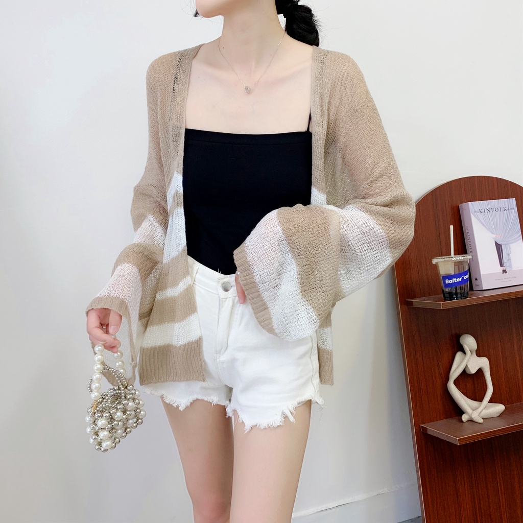 SUXI Áo Cardigan Dệt Kim Tay Dài Dáng Rộng Họa Tiết Kẻ Sọc Màu Sắc Phong Cách Hàn Quốc Thời Trang Cho Nữ
