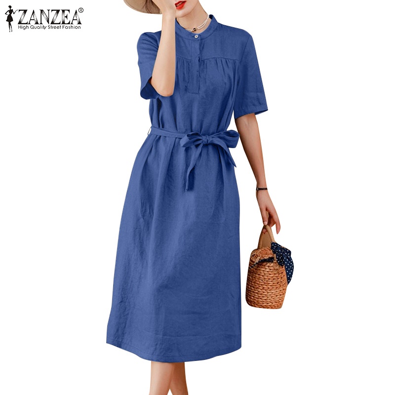 Đầm ZANZEA cổ đứng tay lửng màu trơn buộc dây thời trang cho nữ