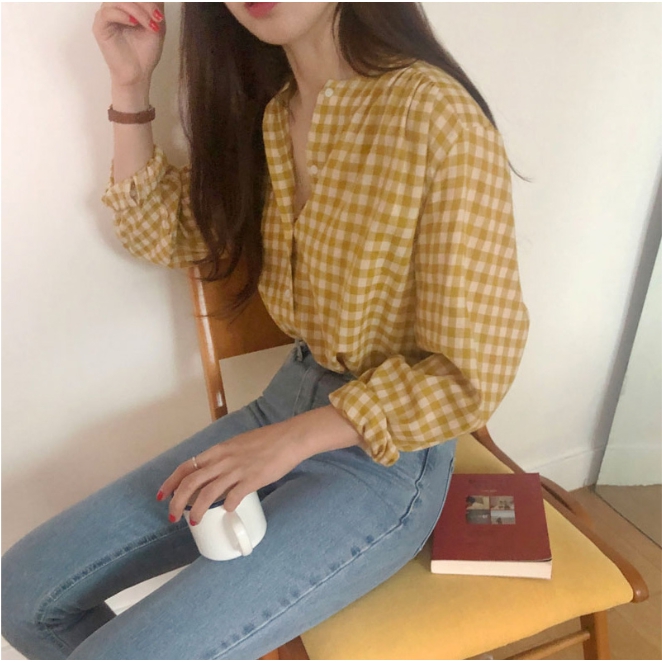 SUXI Áo sơ mi sọc caro giản dị màu vàng thời trang phong cách Hàn Quốc