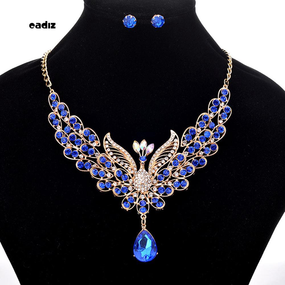 Bộ dây chuyền và khuyên tai hình đuôi công đính đá nhiều màu