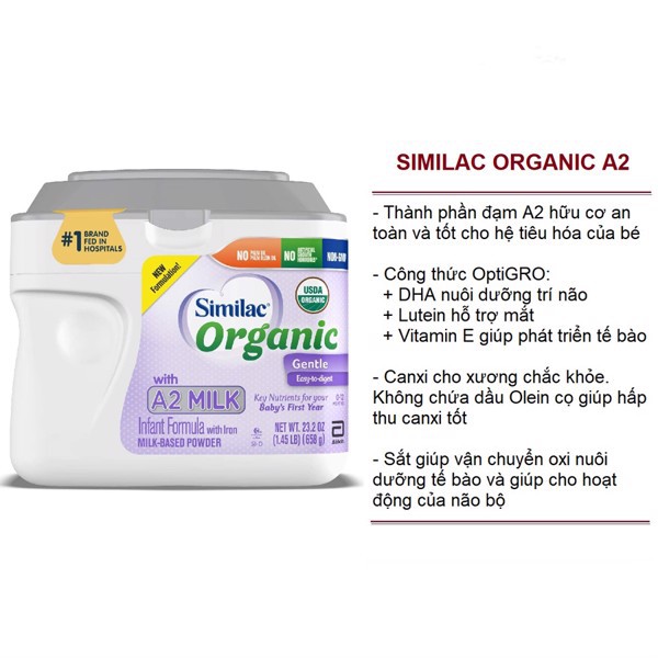 Sữa Similac chống đầy hơi nôn trớ Similac Organic Gentle with A2 Milk Infant Formula 658g