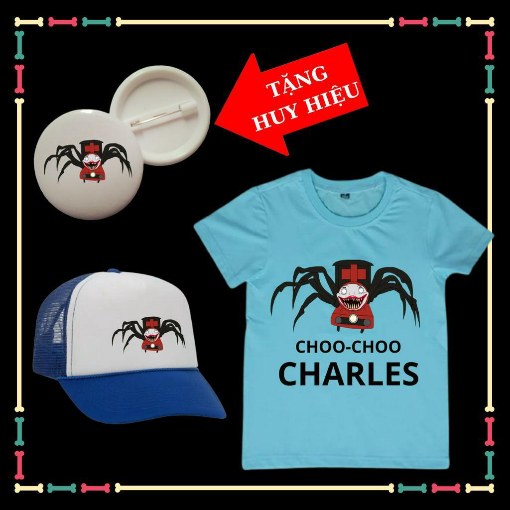 Áo thun bé trai, bé gái mẫu Choo-Choo Charles siêu ngầu, vải thun mềm mịn co giãn 4 chiều-Kèm Mũ lưỡi trai-Kèm Huy hiệu