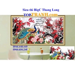 Tranh thêu chữ thập chữ cha mẹ cành đào đỏ hoa mẫu đơn, chim công LV3158 chưa thêu
