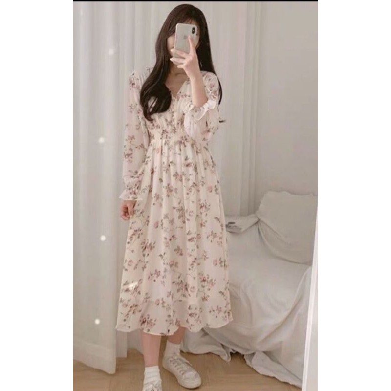 Váy hoa nhí - Váy hoa ullzang dáng dài cổ tim voan tơ - Vintage | BigBuy360 - bigbuy360.vn