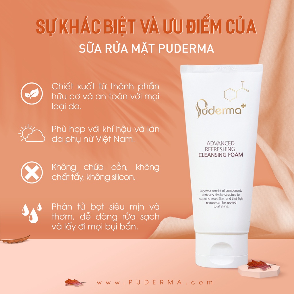 Sữa Rửa Mặt Puderma Advanced Refreshing Cleansing Foam Làm Sạch, Khỏe Da, Đánh Bay Bụi Bẩn, Bã Nhờn 120ml